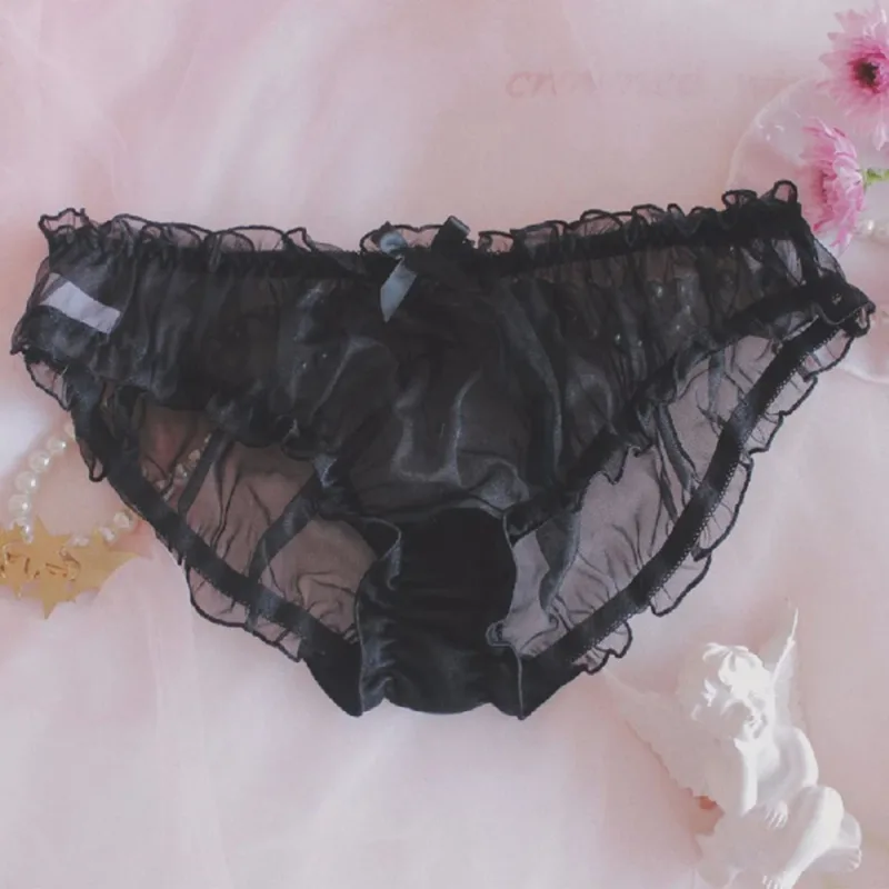 Homens Sissy Malha Chiffon Arco Floral Renda Bolsa Cueca Calcinha Biquíni Breve Calcinha Pura Transparente Sólida Cuecas Masculinas Shorts — image 15