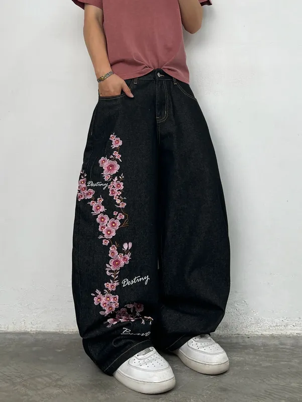 American Vintage Cherry Blossom Embroidery Design Black Baggy Jeans Men Y2K Street Fashion Versatile Straight Wide Leg Pants