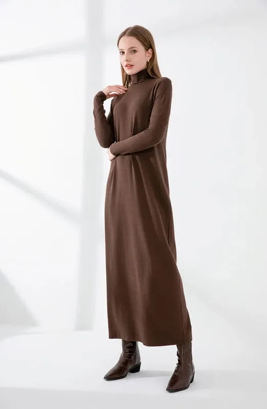 AS 2024 winter turteneck thicken ribbing dress malambot at kumportableng basic turn-down collar maxi dress ( Ipadala sa loob ng 1 araw) — image 5