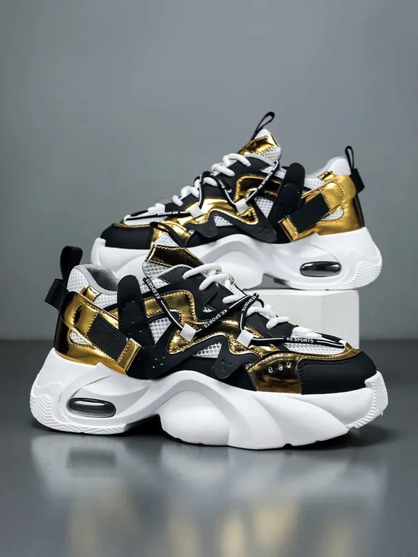 Men's Casual Sneakers with Large Mesh Breathable Upper Metallic Texture and Contrasting Color Stitching and Trendy Webbing Accents. Thick Air-Cushioned Soles Provide Both Height Increase and Shock Absorption Making Them Suitable for Street