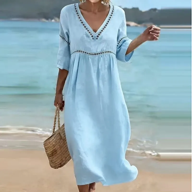 Summer V Neck Half Sleeve Loose Beach Holiday Dress Women Casual Hollow Out Design Solid Color A-line Midi Dress Boho — image 7