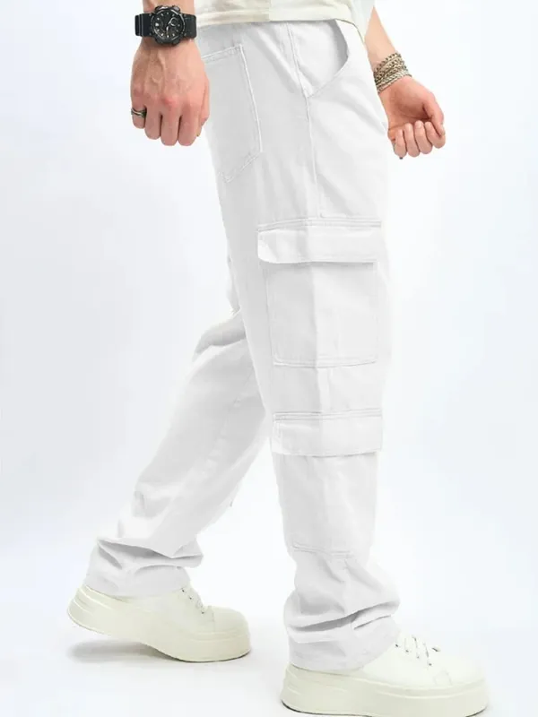 Mens Multiple Pockets Cargo Loose Jeans Streetwear Straight Casual Outdoor Trousers Male Clothing Fashion Denim Pants White — image 6