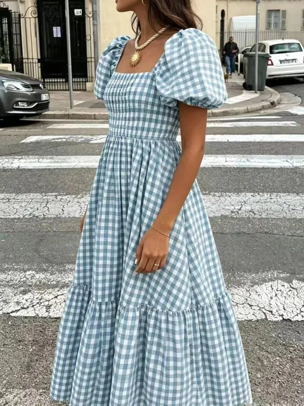 Women's Gingham Maxi Dress Square Neck Puff Sleeve Tiered Ruffle Hem Smocked Waist Casual Long Dress — image 3