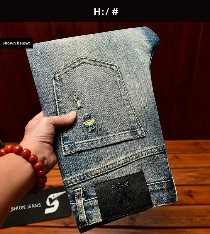 Fashionable light luxury jeans with men's patch design trendy retro elastic ripped pants — image 9