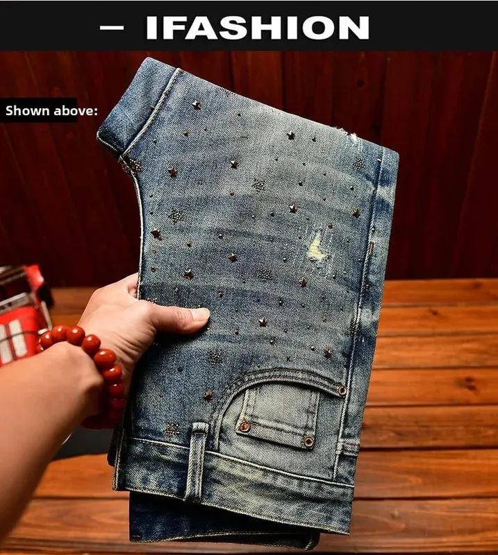 Fashionable light luxury jeans with men's patch design trendy retro elastic ripped pants — image 8