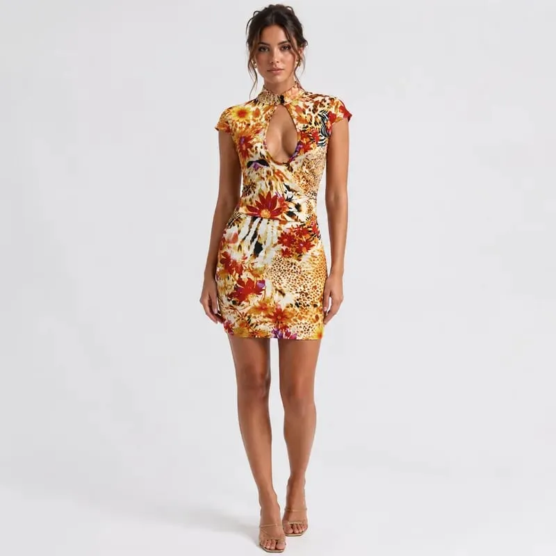 Women's Floral Mini Dress Keyhole Cut Out Bodycon Dress Short Sleeve Mandarin Collar Y2K Sexy Party Clubwear — image 2