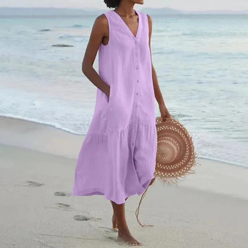 Verão solto casual retalhos algodão linho pocktes vestido com decote em v estilo praia vestido sem mangas vintage clube midi sólido vestido feminino — image 11