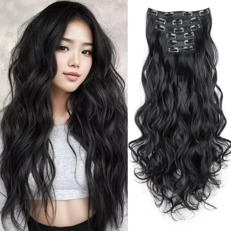 Synthetic 18Inch 16Clips Long Curly Hair Extension Heat Resistant Hair Extension Clips In Ombre Black Brown Blond Women Cosplay — image 2