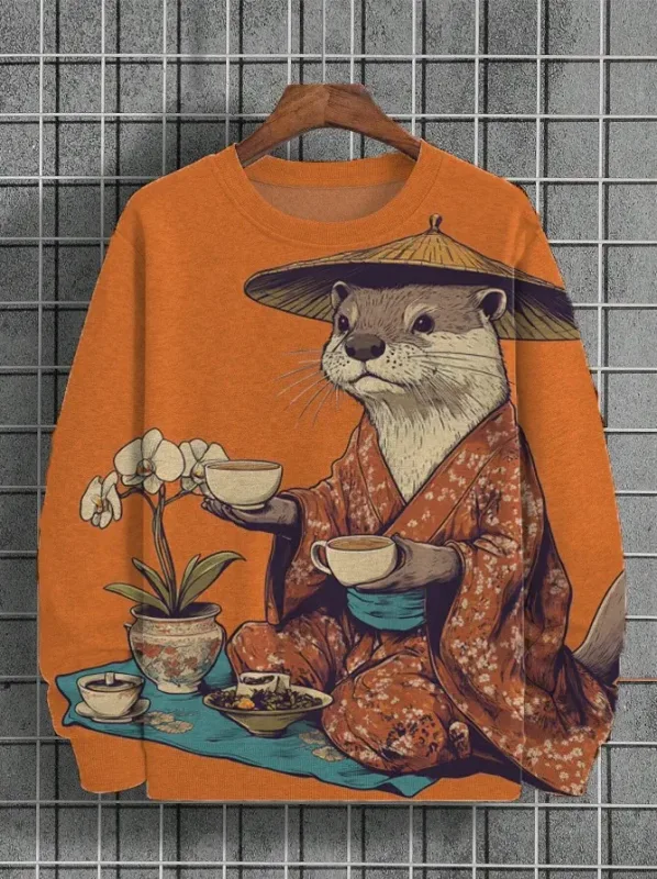 Djurkatttröjor för män Långärmad tröja O-halsmode Cool dagligen 3D-tryckta japanska konsttryck Casual sweatshirts