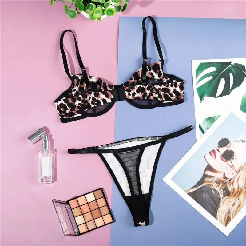 Exotic Lingerie Set Women Leopard Seamless Underwear Sexy Mesh Romantic Patchwork Bra Thong Comfortable Female Bra Brief Sets — image 3