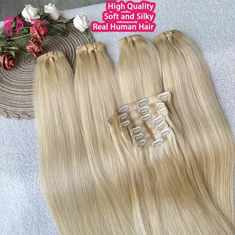 #613 Blonde Clip in Hair Extensions Human Hair Straight Virgin Human Hair Extensions Clip ins for Women 120g/7Pcs — image 5