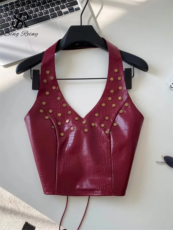Halter Rivet Hotsweet Tops Women Lace Up Slim Texture Summer Clubwear Tank Top PU Leather Backless Sensual Retro Camis — image 3