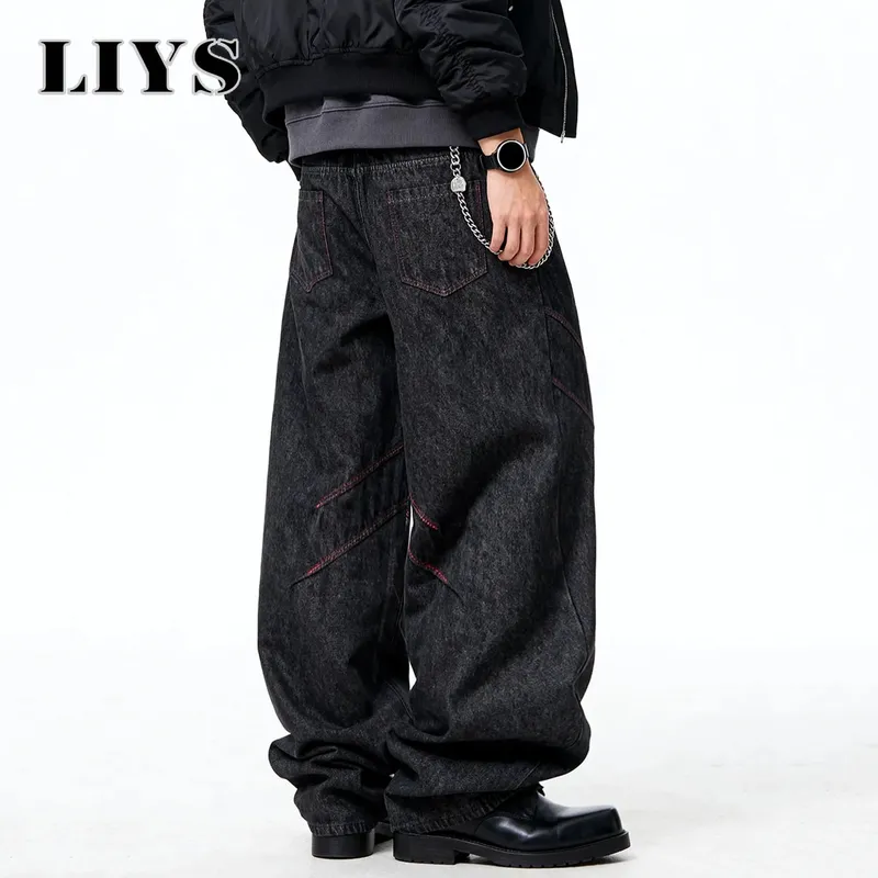 Four Seasons American Retro Men's Black Baggy Wide Leg Jeans Basic Business Casual Loose Denim Pants Unisex Street Jeans — image 6