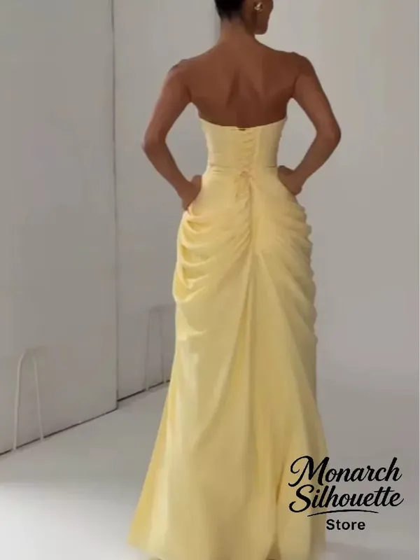 Elegante amarelo sem alças plissado vestido longo feminino chique sólido sem mangas cintura cinching split vestido 2026 senhora festa de noite robes — image 3