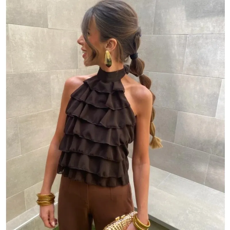 Ruffle Halter Top Women off Shoulder Backless Tops for Women Summer Sleeveless Tops Woman Sexy Camisole Crop Top Female