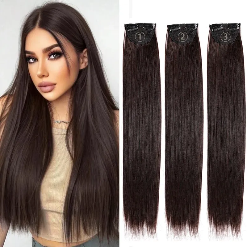3PCS Thick Light brown Long Straight Set 24inch Synthetic Clip in Hair Extensions for Women — image 9