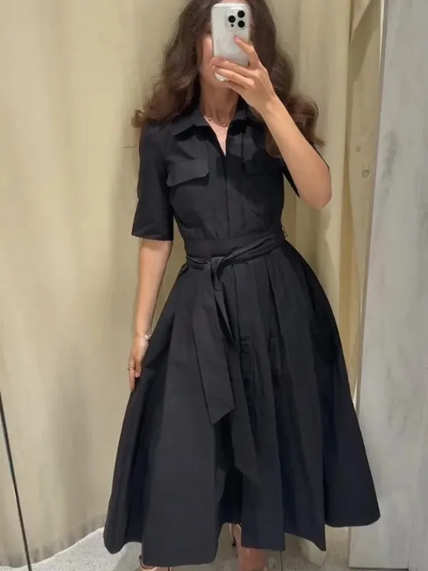Elegant Maikling Manggas Lapel Midi Dress Para sa Babae Chic Solid Single Breasted Waist Long Dress Lady Holiday Evening Party Vestidos — image 4