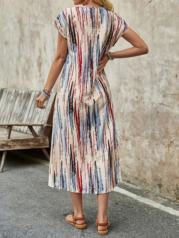 Elegant Directional Round-Neck Double Pocket Colored Stripe Long Summer Dress — image 3