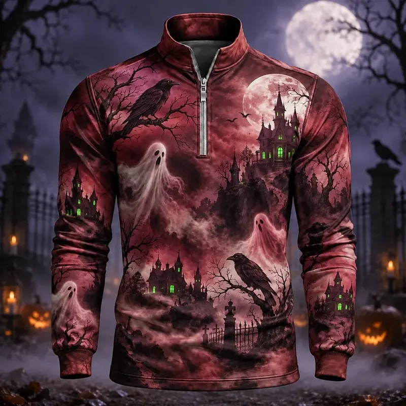 Men 1/4 Zip Sweatshirt Ghost Crow Haunted Castle Halloween Print Long Sleeve Tops — image 4