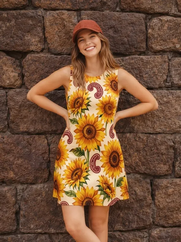 Womens Floral Sleeveless A Line Mini Dress Round Neck Vacation Dress for Resort Photos Cafe Date and Everyday Wear Comfort