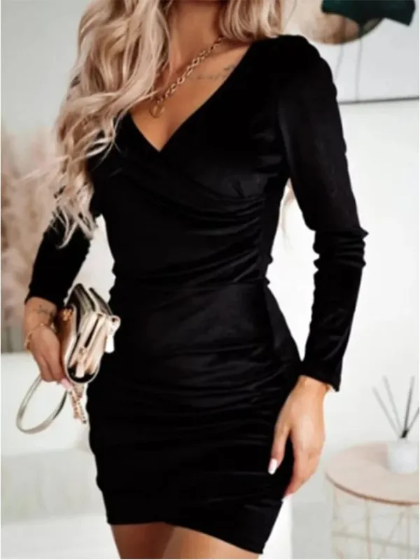 Senhora bodycon cor sólida vestido de veludo feminino com decote em v manga comprida mini vestido outono inverno festa de ano novo vestido de luxo — image 4