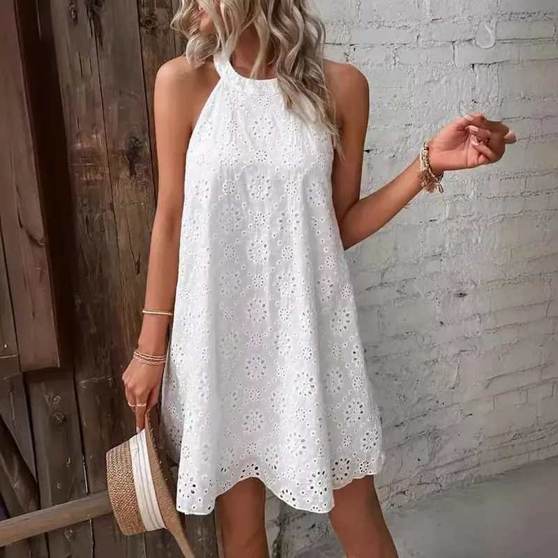 2026 Women's White Floral Cut-out Halter Neck Dress Sleeveless Bohemian Maxi Dress with Irregular Hem for Beach Holiday