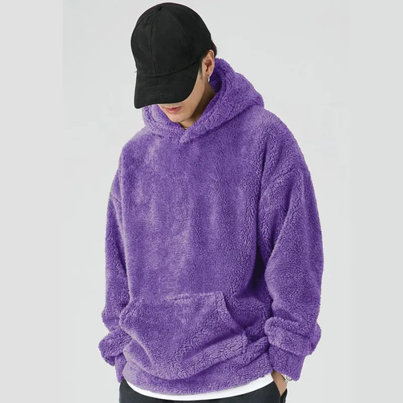 Purple Men's Hoodies Coral Fleece Designer Vintage Novelty Hooded Sweatshirt 2026 New Korean Style Winter Warm Pullovers for Men — image 2