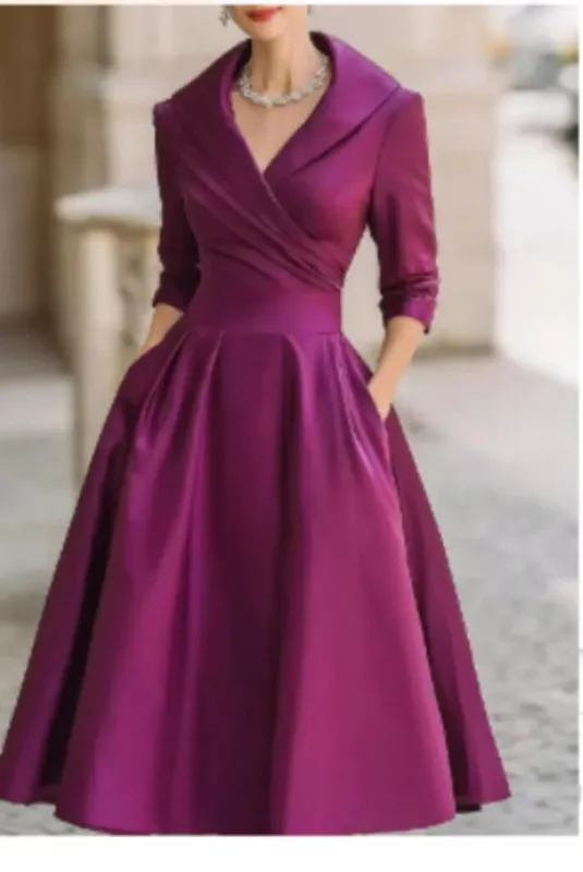 Women's Vintage V Neck Long Sleeve Wrap Waist A Line Midi Dress with Pockets — image 5