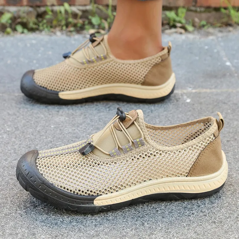 Sapatos masculinos de malha oca com alternância rápida, tênis para caminhada com listras e costura, touca de borracha grossa envolta em sapatos casuais para uso ao ar livre — image 3