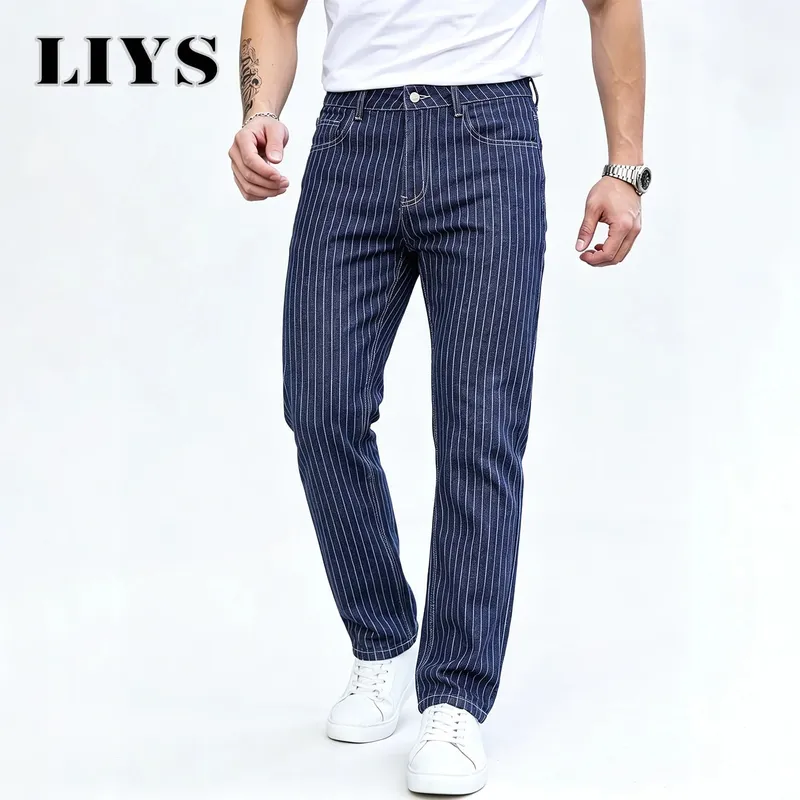 Light Luxury Blue White Striped Jacquard Slim Elastic Fit Straight Leg Jeans Business Casual Style Commuting Denim Pants