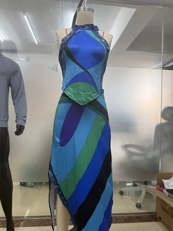 Senhora sexy impresso halter vestido sem mangas fora do ombro sem costas solto irregular chique robe 2026 feminino férias rua vestidos