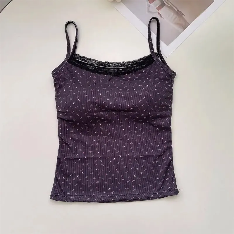 Sweet Floral Tops Lace Flower Print Camis Slim Y2K Short Tank Tops Elegant Camisole Sexy Vest Spring