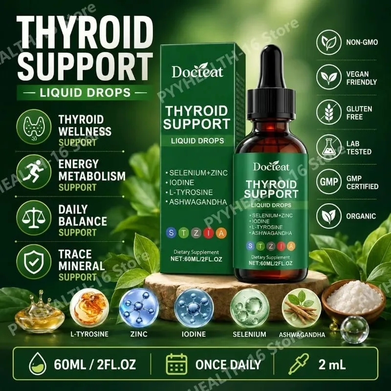 Docteat Thyroid Support Liquid Drops with Selenium Zinc Iodine L-Tyrosine & Ashwagandha Dropper Design for Daily Use 60 ML — image 1