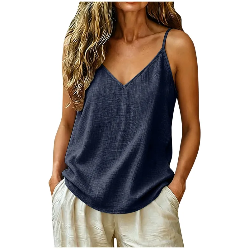 Women Cotton Linen Spaghetti Strap Tank Top V Neck Solid Color Loose Fit Lightweight Casual Sleeveless Camisole Summer Beach Top — image 6