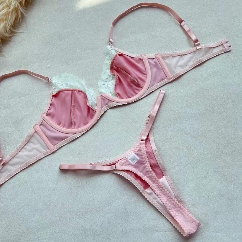 Ellolace conjuntos de lingerie feminina romântica coquette cetim renda sutiã tanga 2pc magro sensual quente traje doce juventude roupa interior da menina — image 5