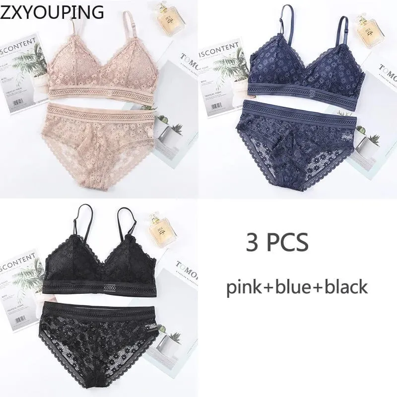 3 Piece Set Bra Sexy Lace Beauty Back Suit Underwear Magtipon ng Seamless Pambabaeng Kasuotang Panty Kumportableng Lingerie — image 10