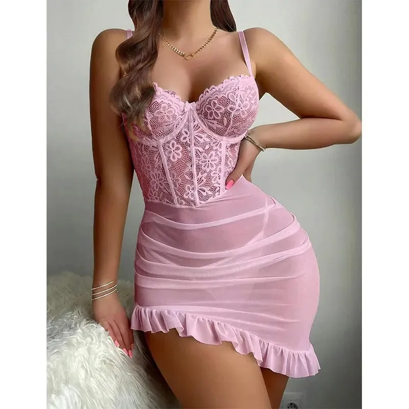 Spetskorsett Push Up BH Dam Underkläder Set Genomskinlig nattklänning Sexiga BH:ar Skarvklänning Elegant underkläder Pyjamas för kvinnor — image 7