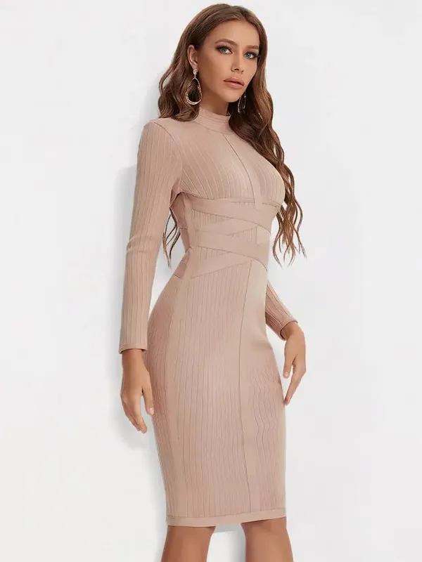 Sexy Red Bandage Dress 2023 Nude Turtleneck Long Sleeves Office Bodycon Dress Cross Criss Women Midi Vestidos Maxi XL — image 2