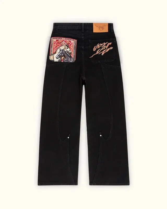 Y2K Black Baggy Cargo Jeans Men Horse Back Pocket Embroidery Cursive Wild Ride Distressed Cut Out Wide Leg Casual Denim Trouser