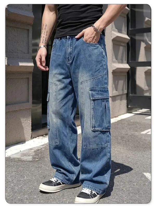 Men's American Retro Multi Pocket Cargo Jeans Suitable All Seasons Baggy Straight Leg Style Daily Street Casual Denim Pants
