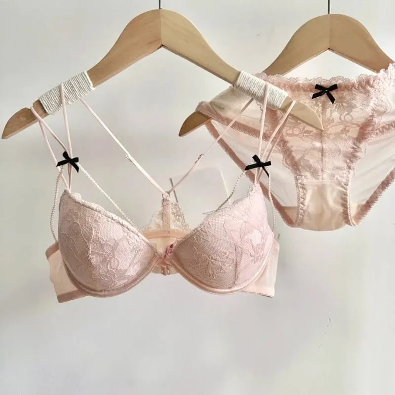Fashion Elegant Floral Lace Front Snap Matching Lingerie Set Wireless Slim Shoulder Straps Cutout Beauty Back Small Bust MOYISU