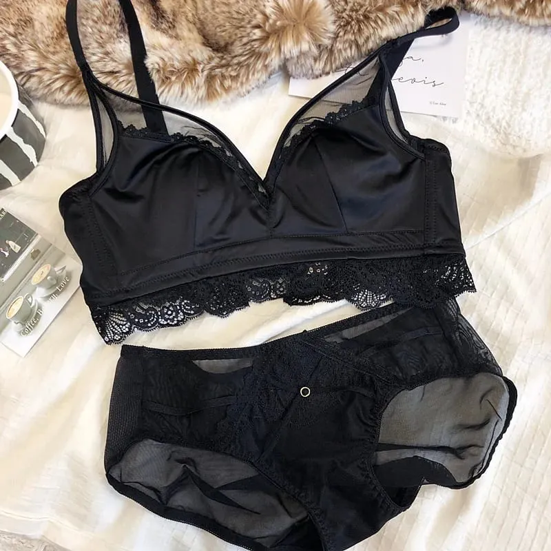 Size Thin Cotton Cup Intimates Lace Women Sexy Push Up Lingerie Sets Wireless Silky Satin Mesh Luxury Lady Underwear
