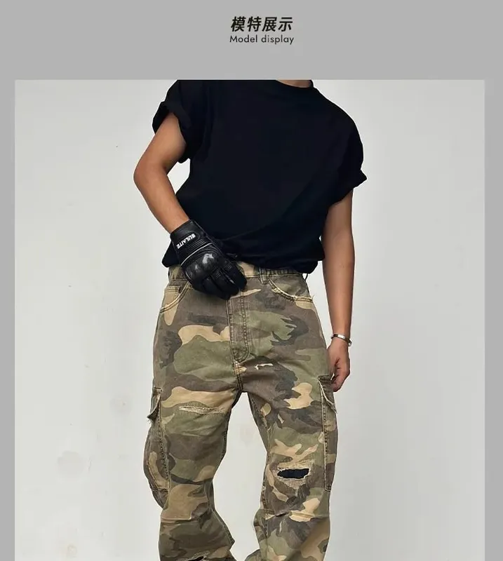 American Street Style Washed Camouflage Workwear Jeans Hole Straight Leg Spring Autumn Casual Cotton Trendy Long Pants