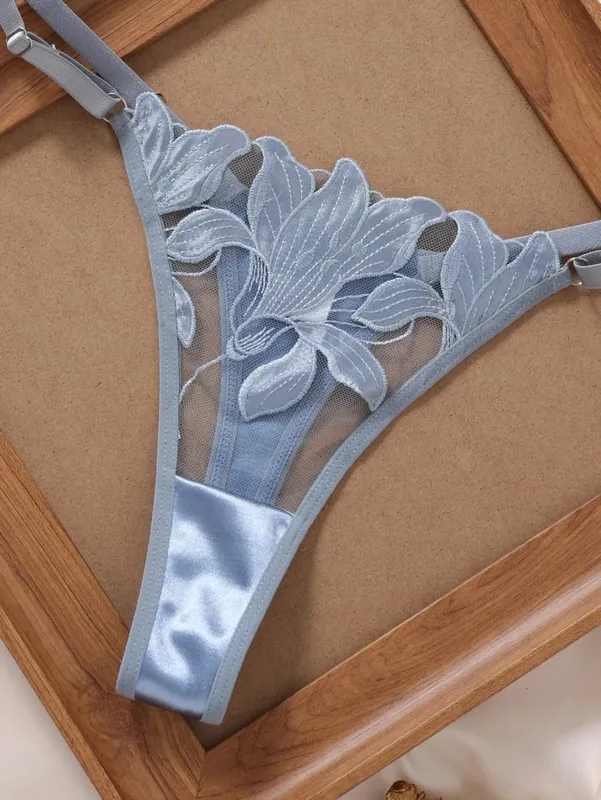 Silver Blue Floral Embroidery Lingerie Set Satin Mesh Underwire Bra Thong Women Intimate Underwear Honeymoon Boudoir ZA824031 — image 5