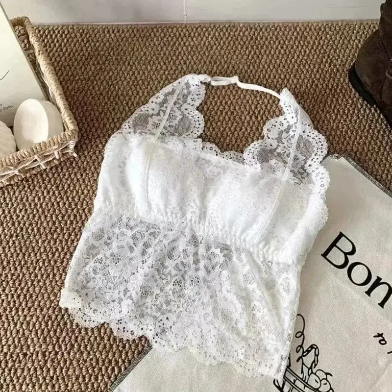 Chest Cushion Top Mesh Flower Lace Camisole Sleeveless Transparent Lace Crop Tops Bottoming Shirt Halter Neck Camisole Ladies — image 3