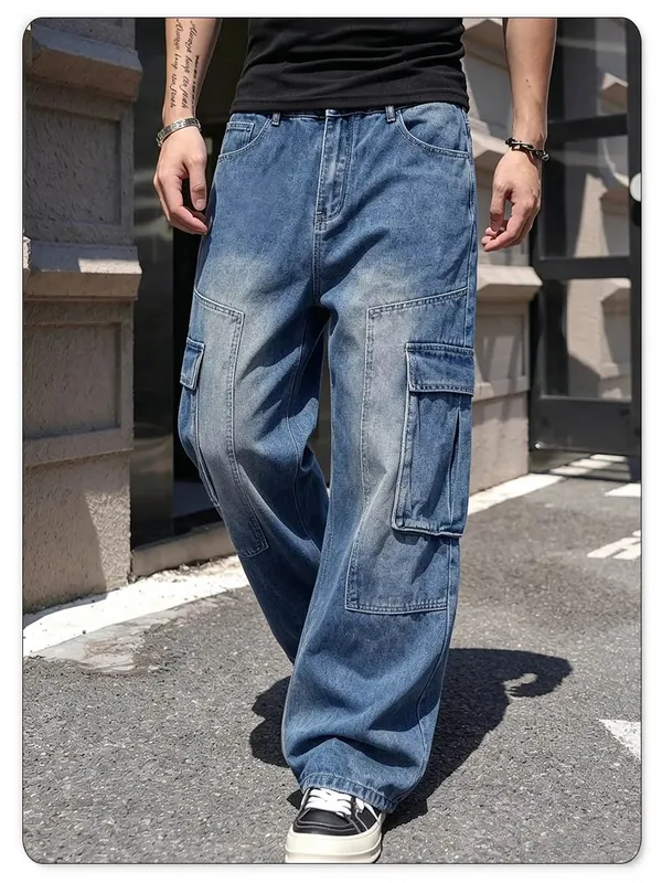 Men's American Retro Multi Pocket Cargo Jeans Suitable All Seasons Baggy Straight Leg Style Daily Street Casual Denim Pants