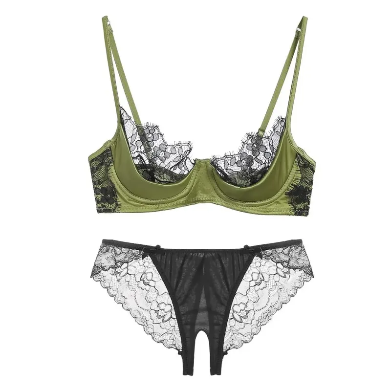 Conjunto de lencería de media copa de encaje francés para mujer, sujetador con aros, suave, transparente, ultrafino, verde, para busto pequeño 32-38AB — image 6