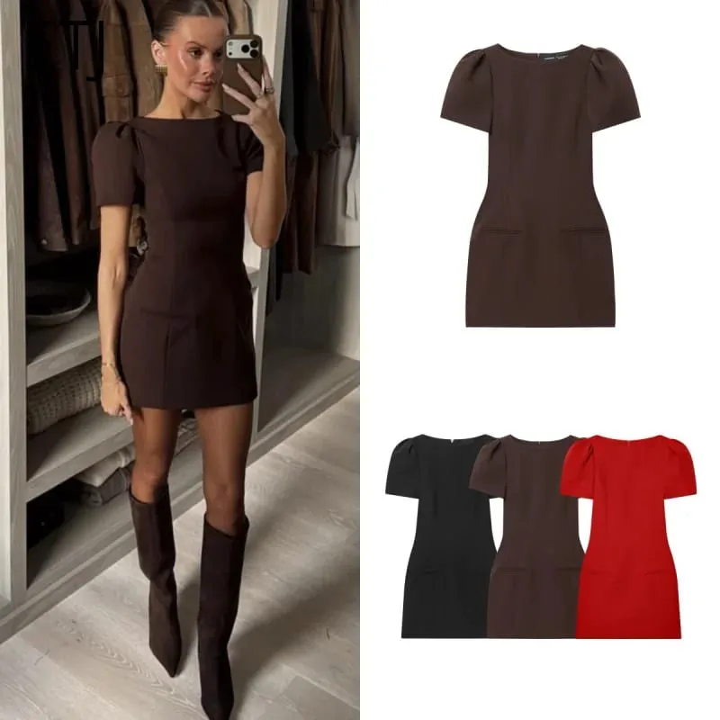 ETJ 2025 women's new products are elegant and stylish Short dress with a boat neck and short sleeves with pleats black dress — image 1