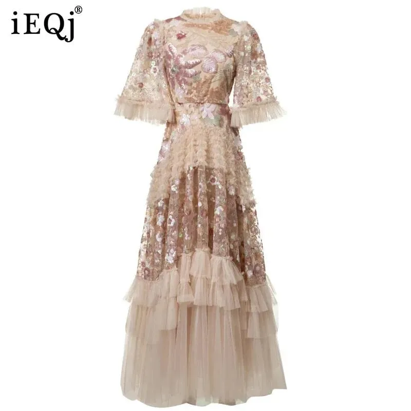 Moda rosa bordado lantejoulas vestido feminino em torno do pescoço babados meia mangas vestidos de comprimento no tornozelo novo 3a132 — image 2