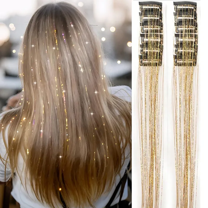 12Pcs Synthetic Hair Tinsel Clip in 20Inch Glitter Tinsel Hair Clip in Hair Tinsel Kit Heat Resistant Shiny Sparkle Fairy Hair — image 8